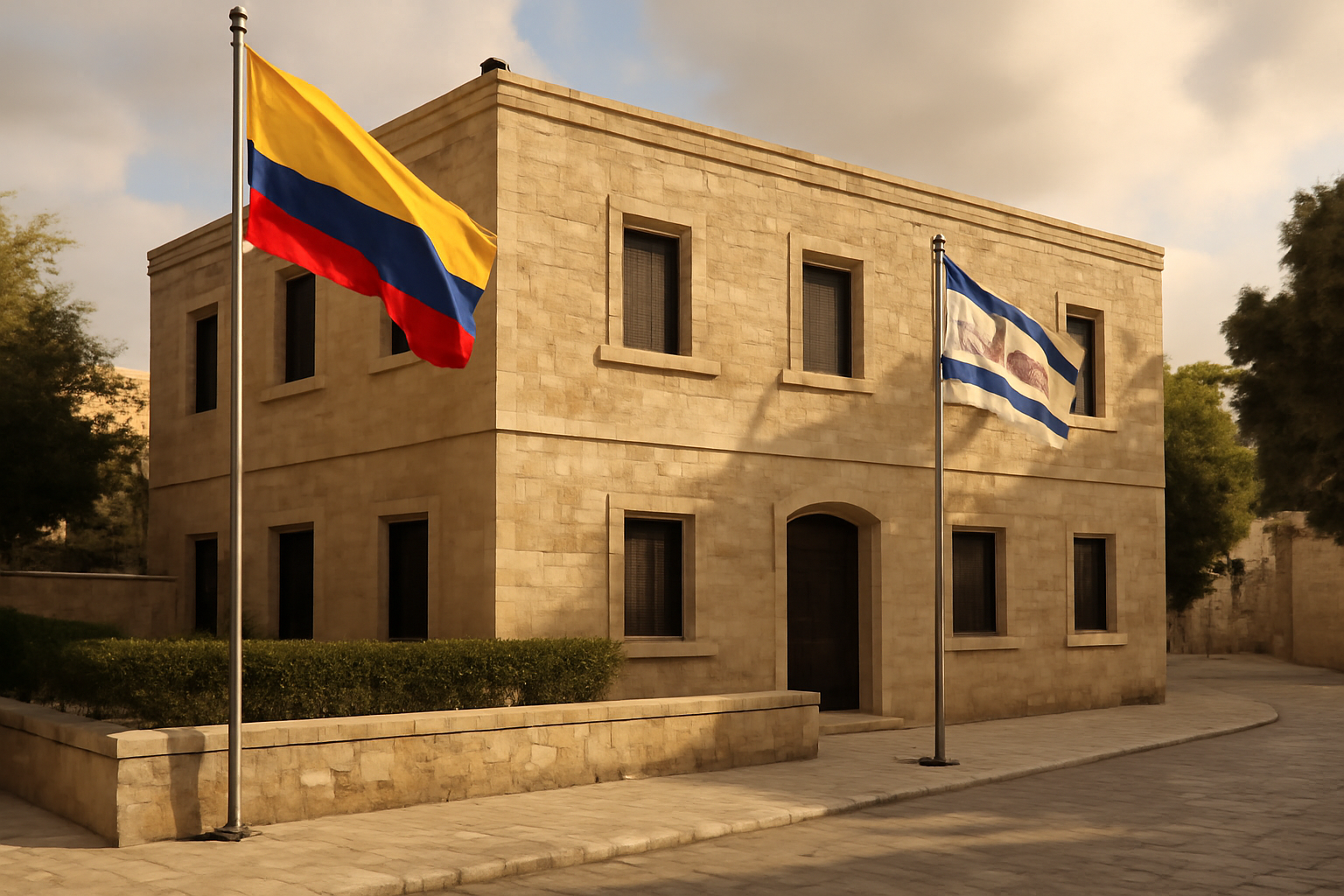 Diplomatic building with Colombian and Israeli flags displayed near a Jerusalem street scene