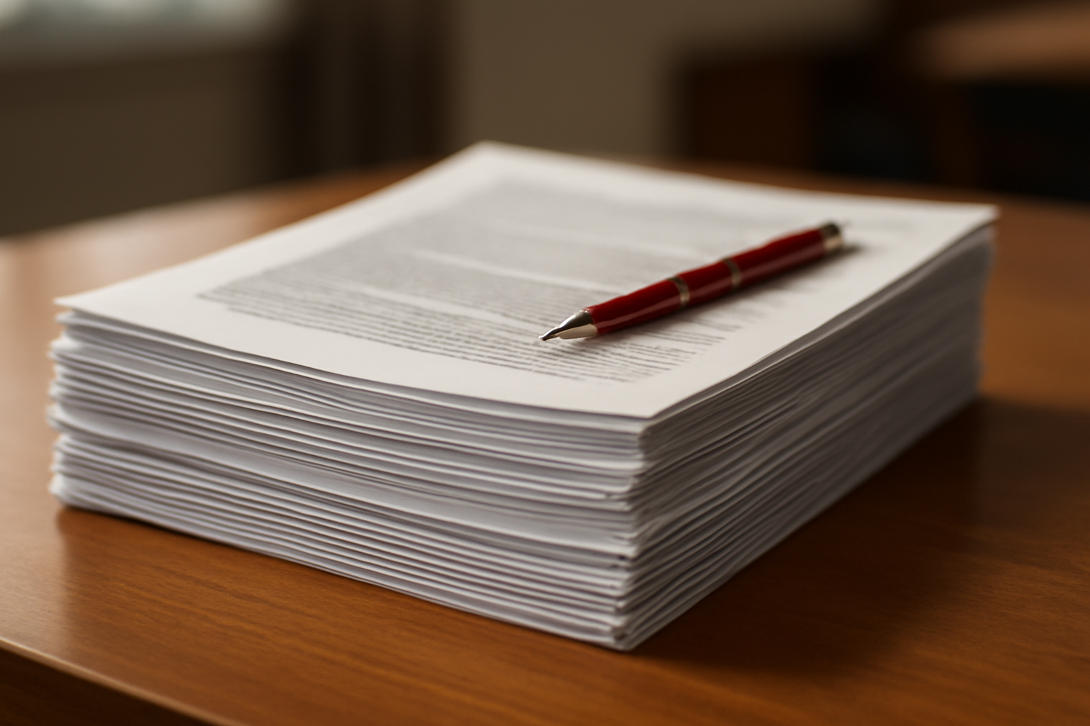 Stack of loan contract documents with a red pen marking clauses on a desk