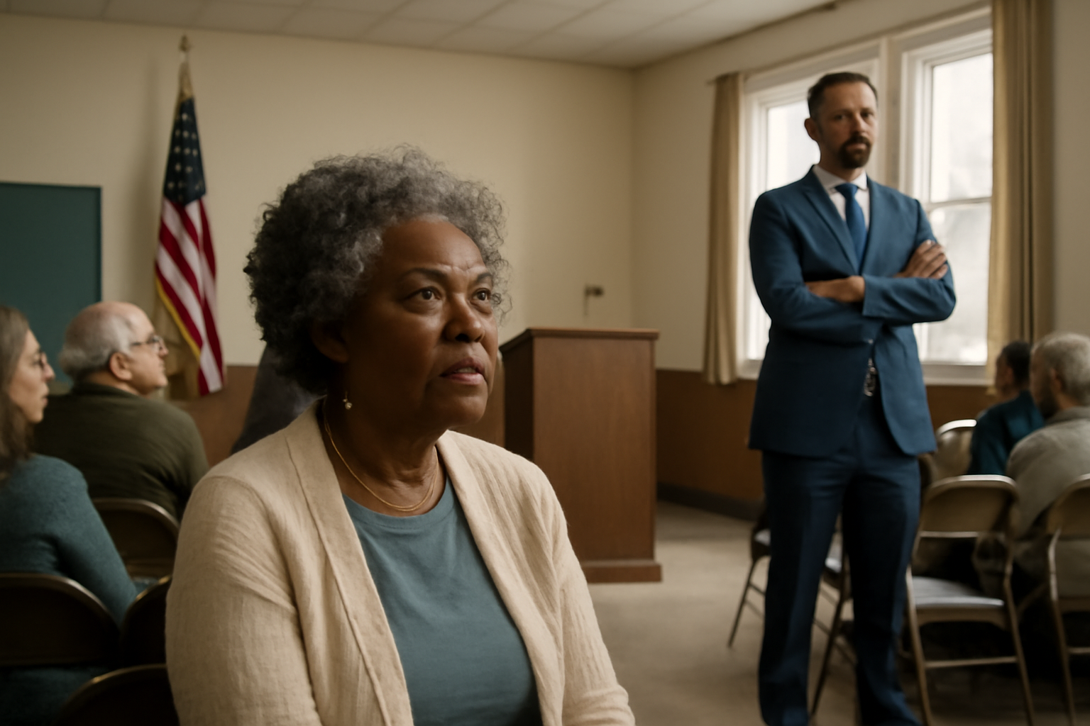 An older Black woman and a younger Black man standing at opposite ends of a town hall meeting room with campaign signs on the wall