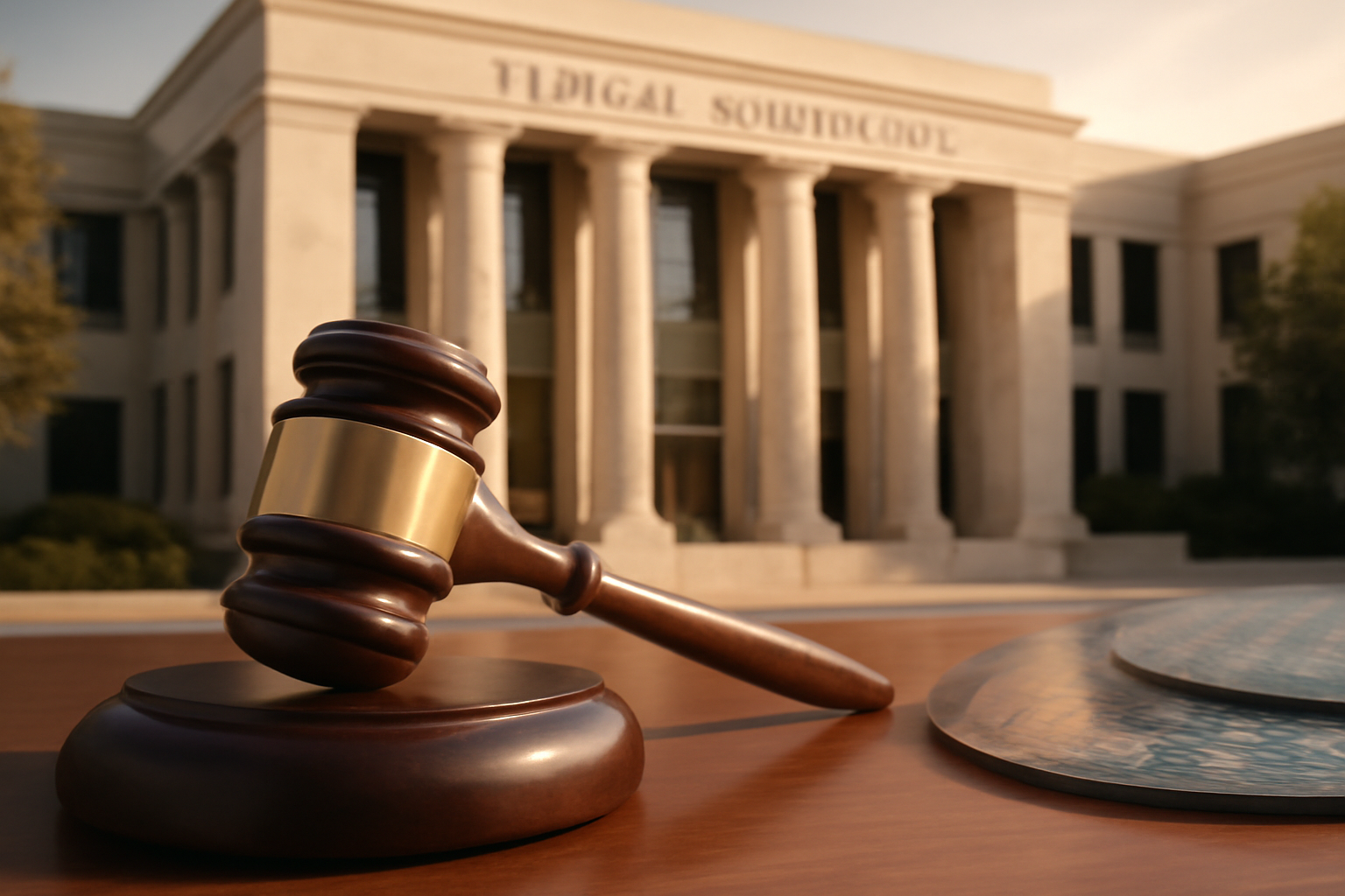 Qualcomm and Arm Holdings company signage near a courthouse entrance with a gavel on a desk