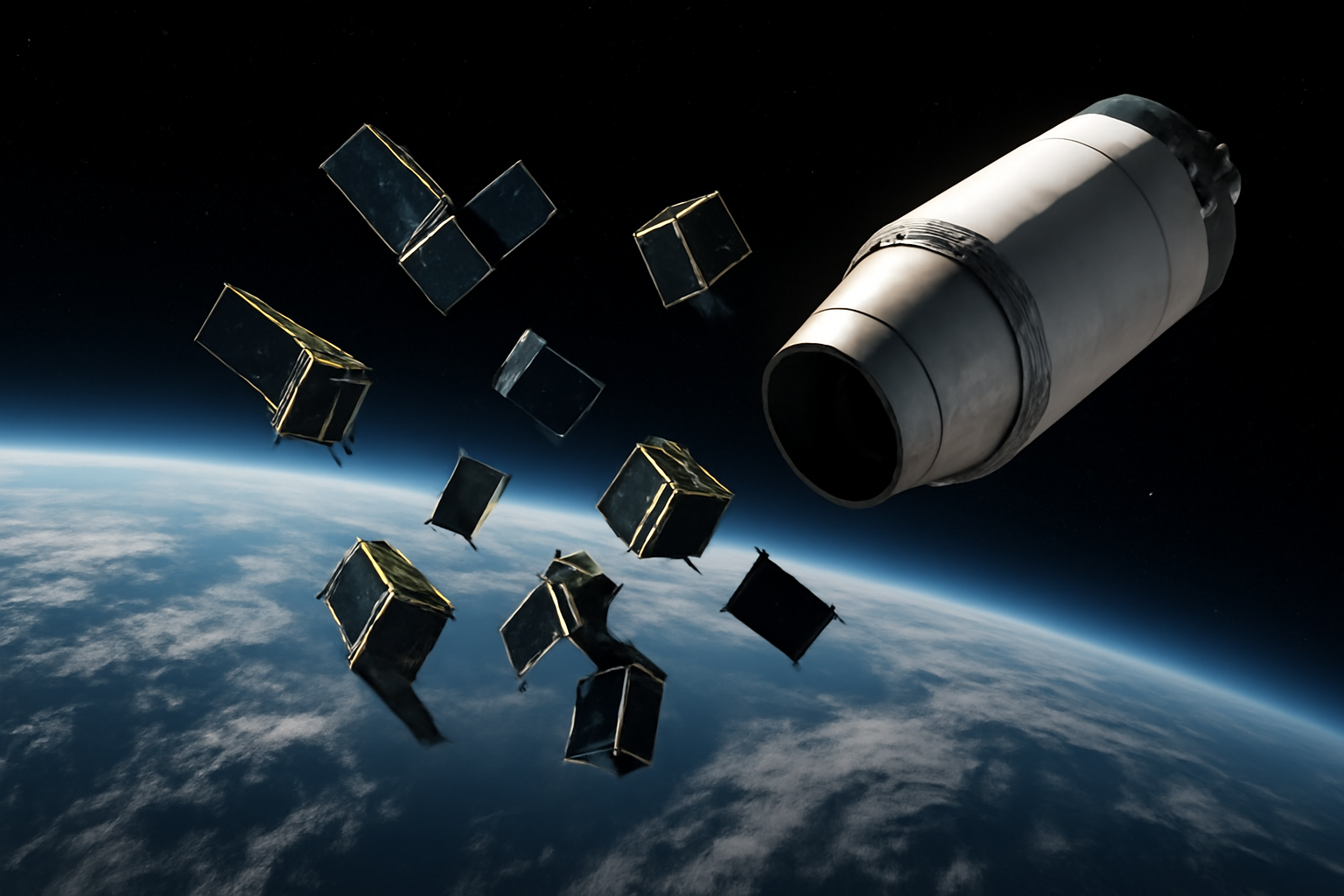 Six small satellites separating from a rocket upper stage above Earth's curved horizon