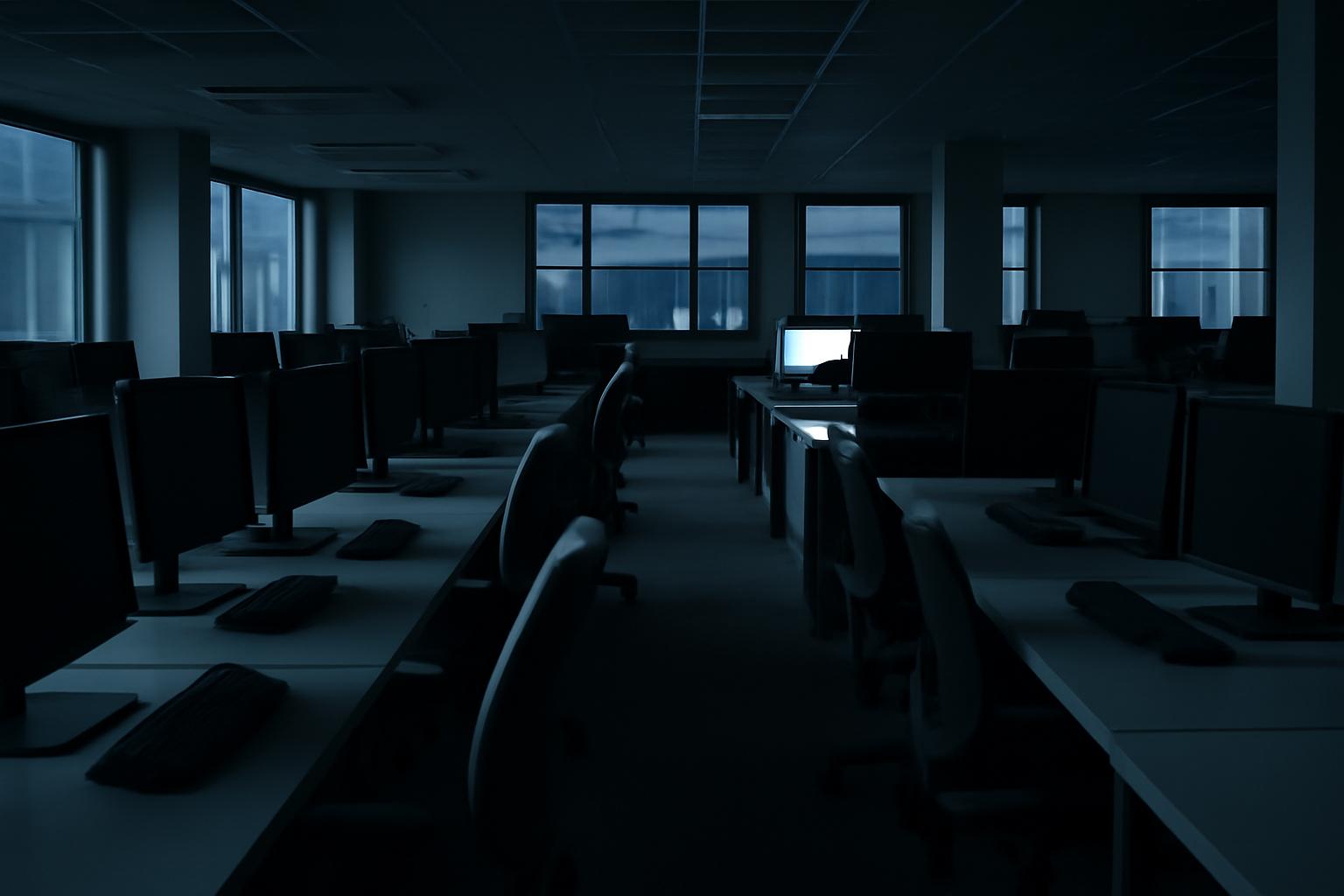 Dim studio office with empty desks and a dormant computer monitor displaying a game logo screen