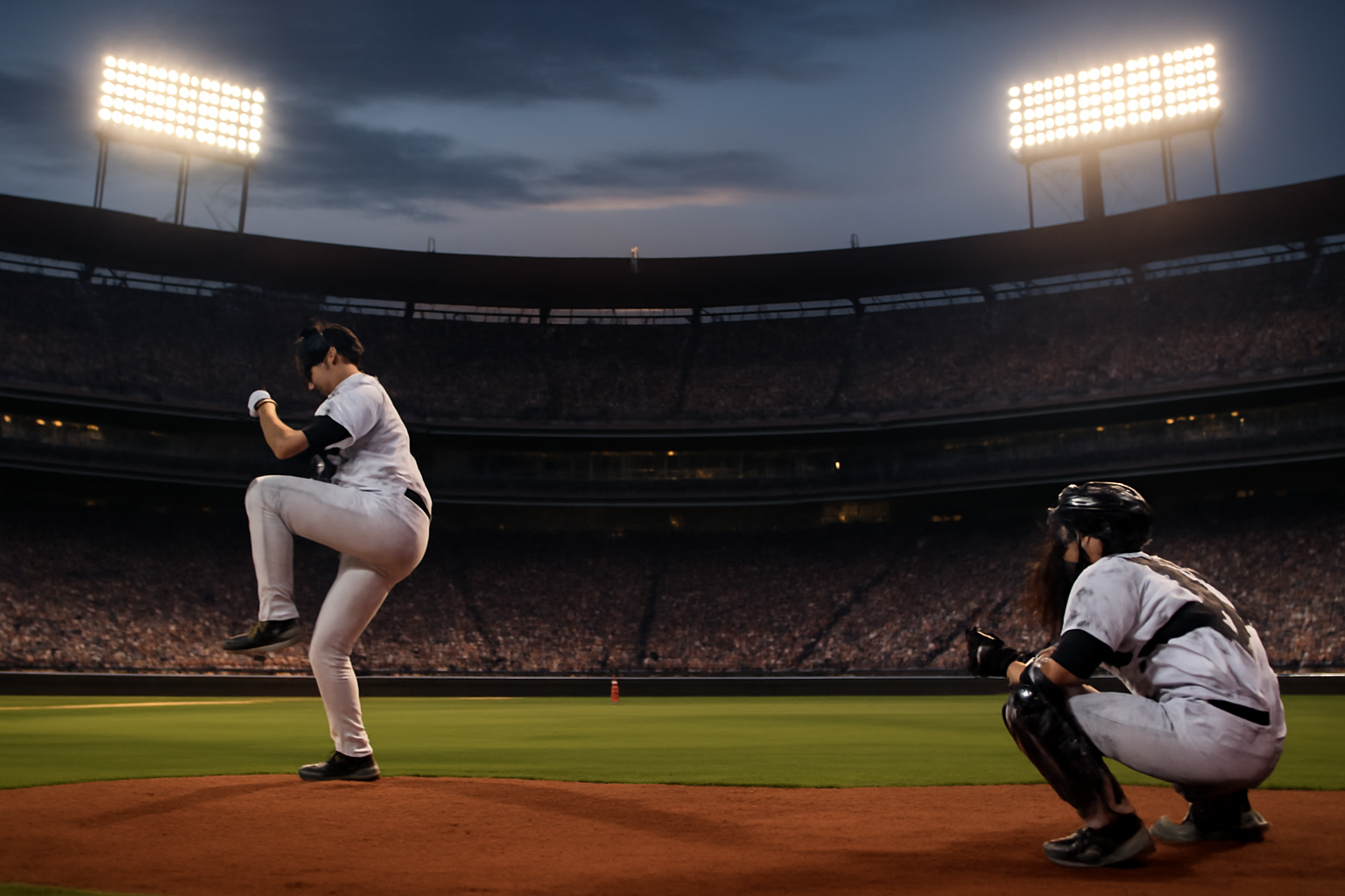 Baseball players in Atlanta Braves and Philadelphia Phillies uniforms during a tense playoff moment at a packed stadium