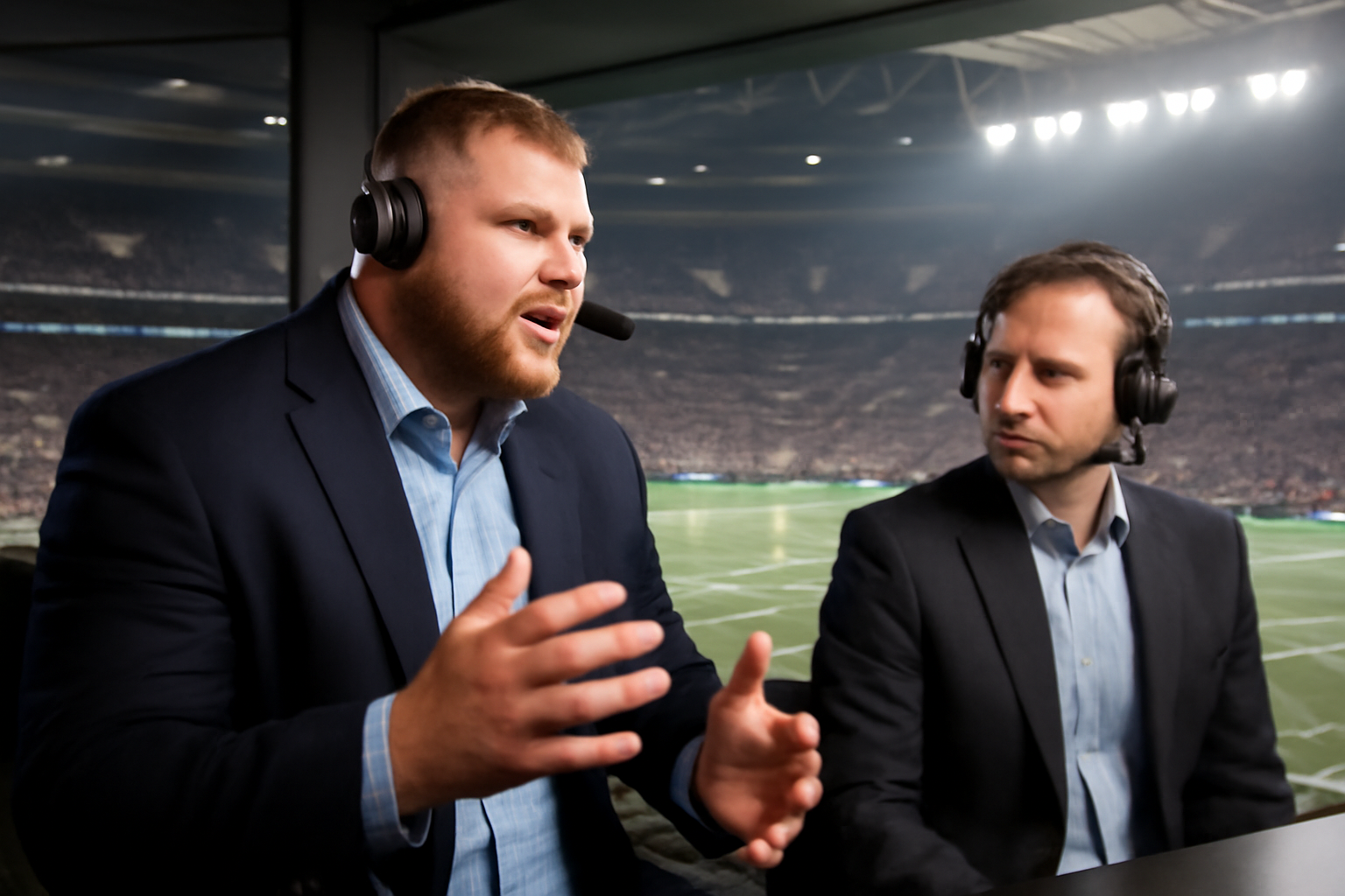 A former NFL offensive lineman wearing a headset analyzes play from a broadcast booth overlooking a football stadium in London