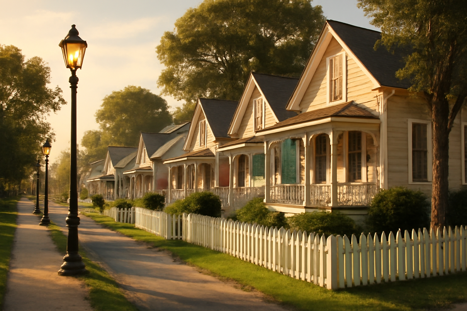 Pastel-painted cottages with white picket fences line a manicured street in a planned American town.