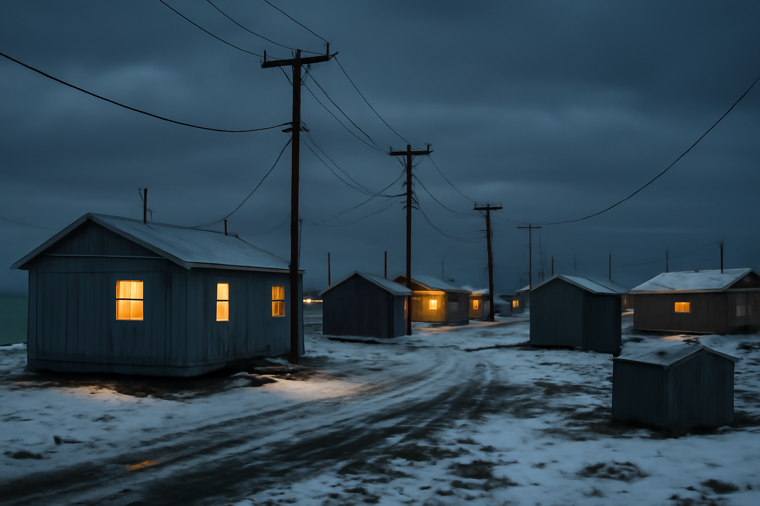 Snow-dusted Arctic coastal village with power lines and diesel generators near Anchorage, Alaska