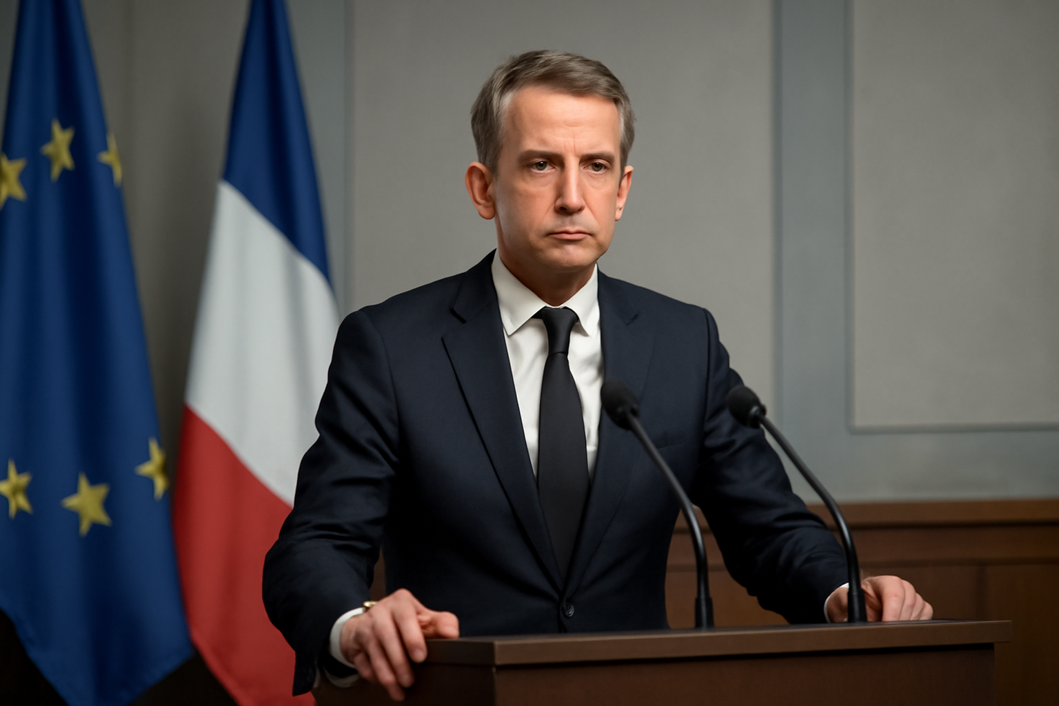 A European prime minister addressing reporters at a podium inside a government building