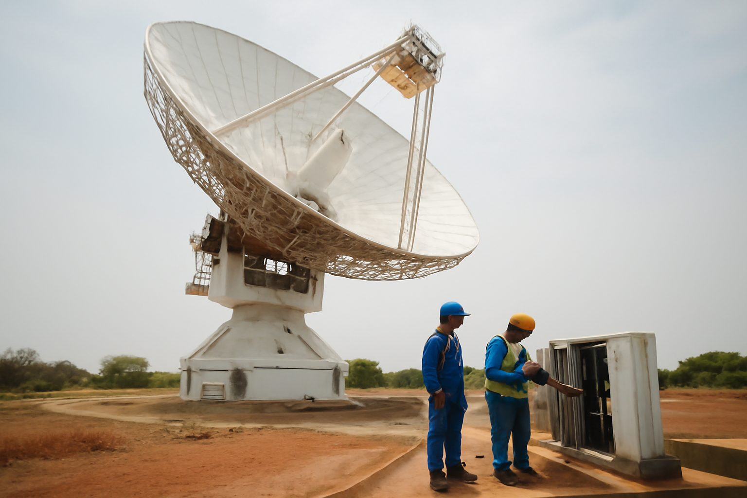 Technicians examine a radio telescope dish converted from an old satellite antenna at a research site in Ghana
