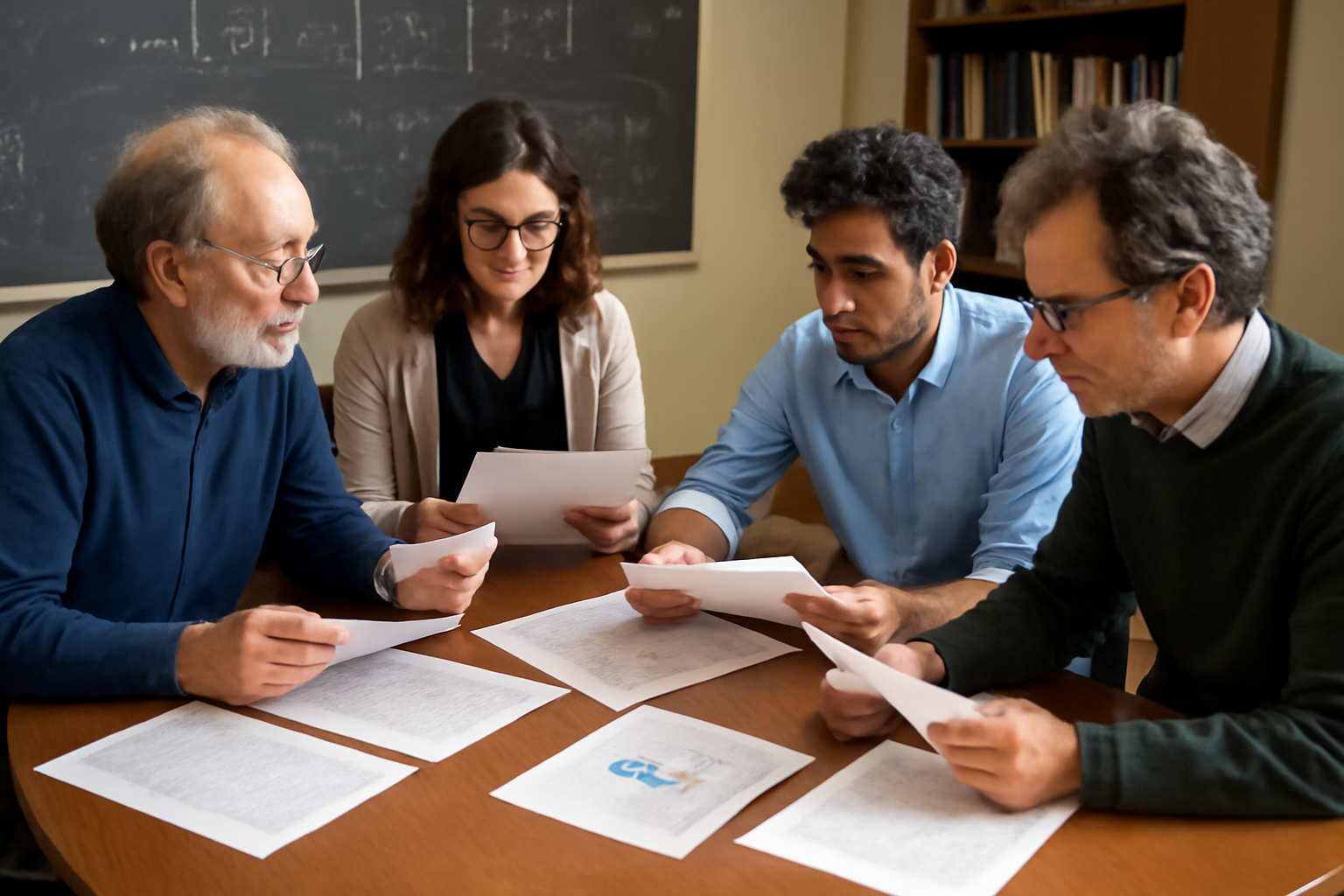 A roundtable of mathematicians reviewing research papers beside a laptop displaying an AI chat interface