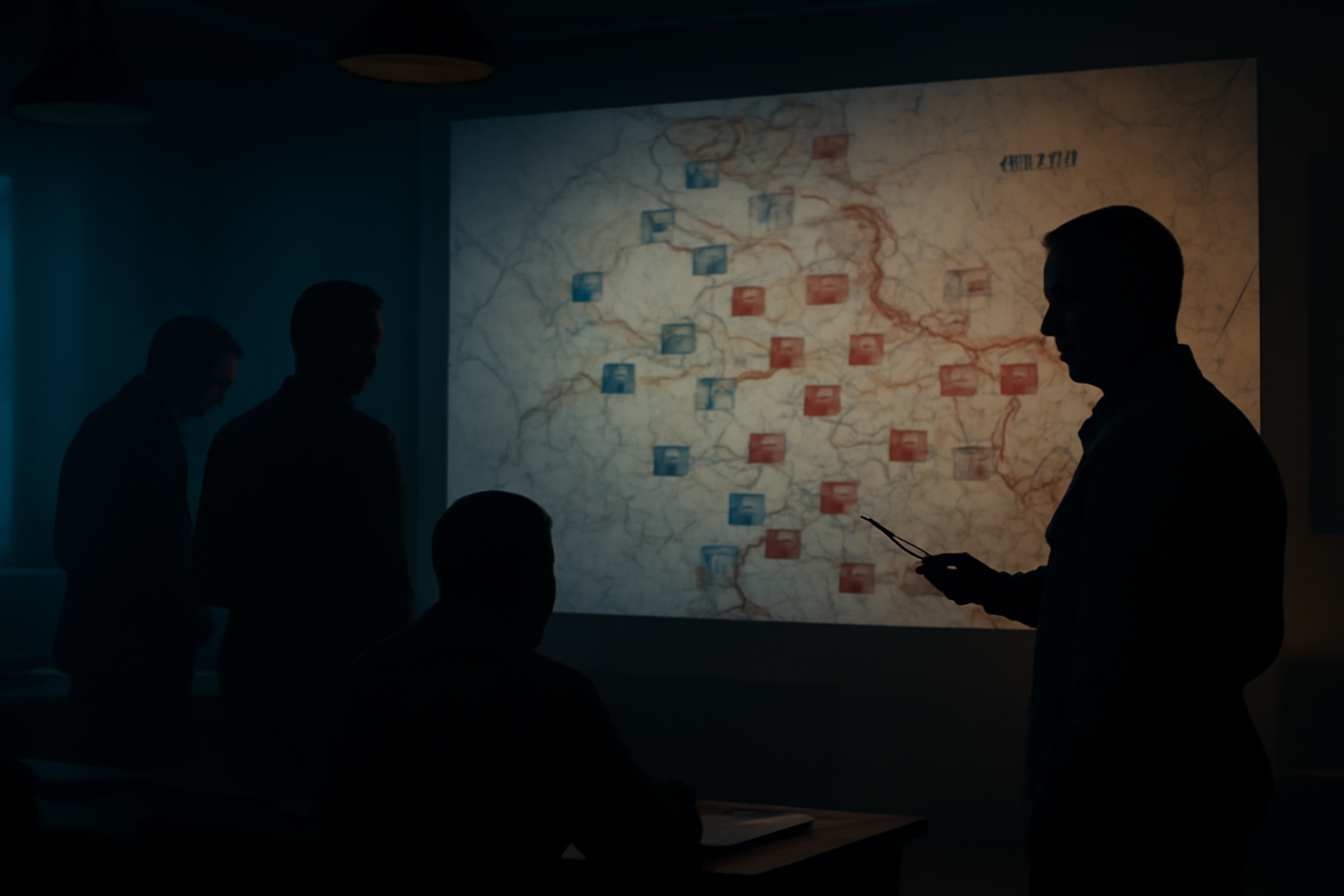 Military analysts reviewing a tactical map of the Ukraine-Russia front line in a dimly lit briefing room