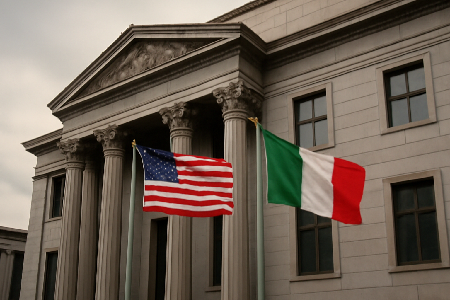 Courthouse steps with American and Italian flags displayed side by side under an overcast sky