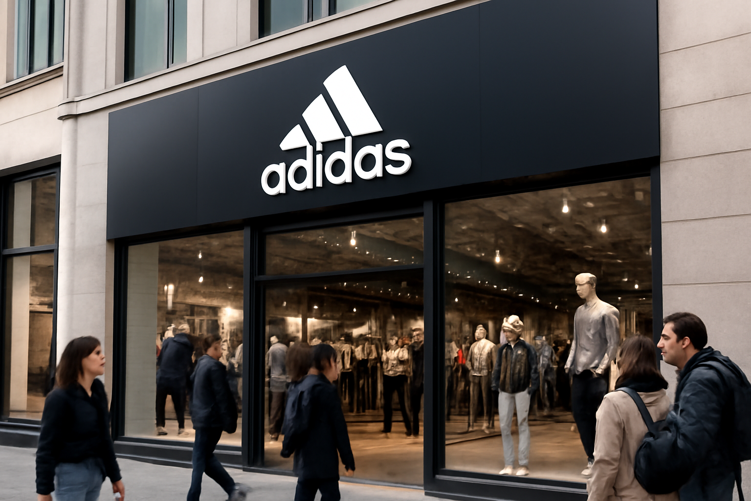 Adidas three-stripe logo displayed on a retail storefront window