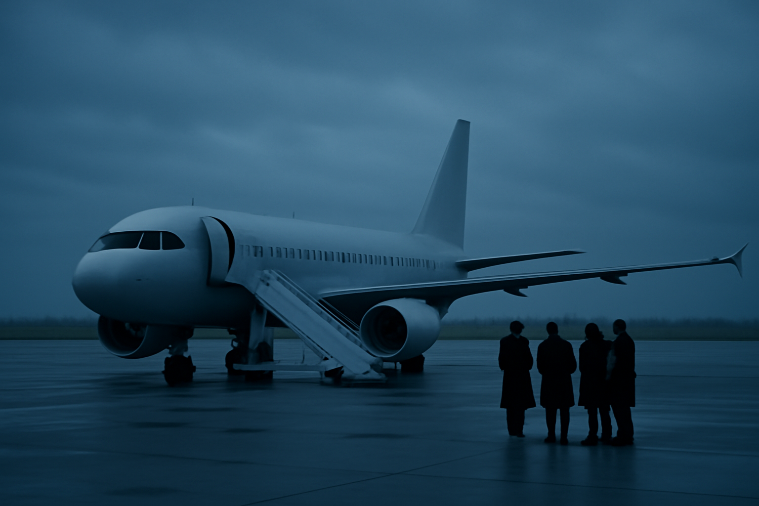 An airport tarmac at dusk with a single passenger plane and a small group of officials waiting near the stairs