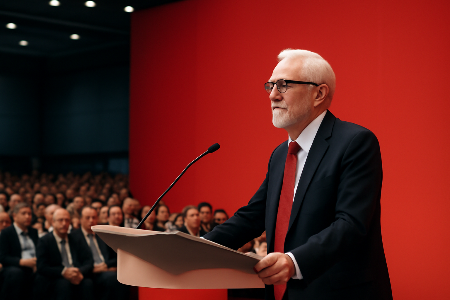 Andy Burnham speaking at a podium at Labour party conference in Liverpool