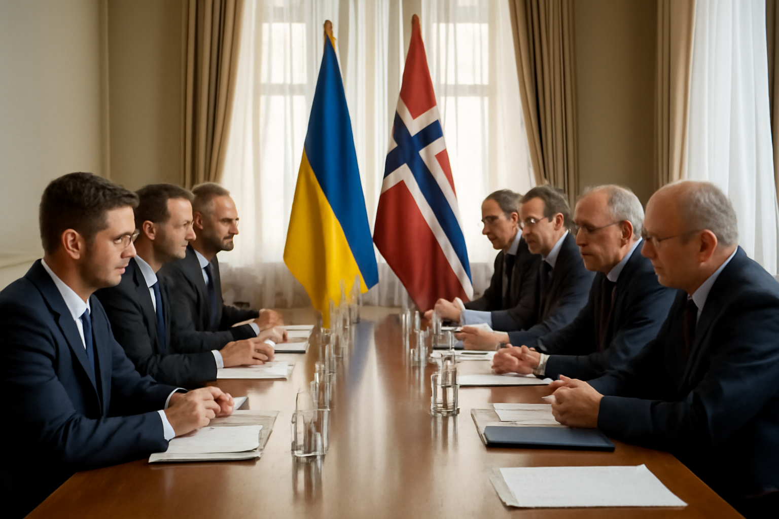 Diplomats seated at a conference table with Ukrainian and Norwegian flags in the background