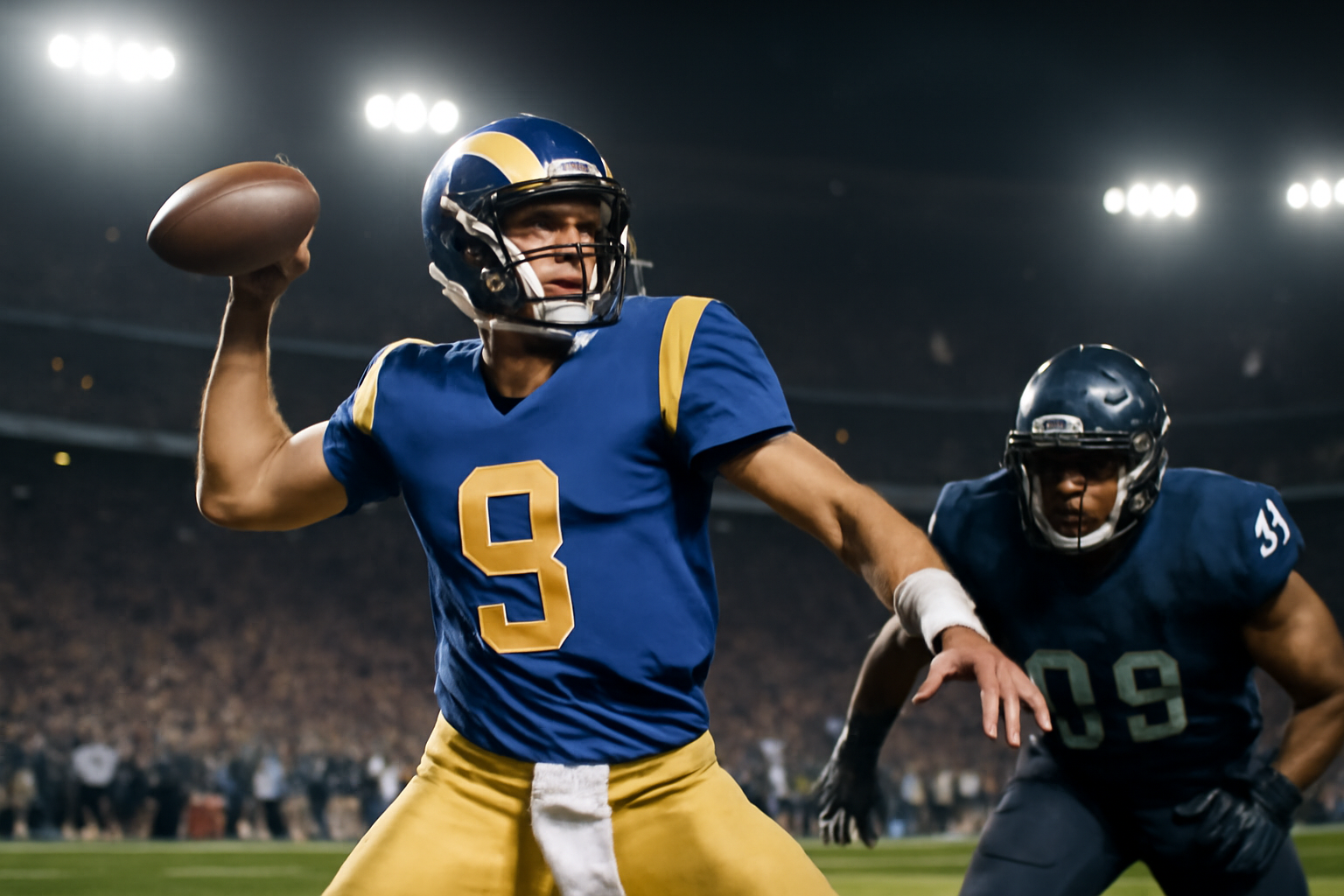 Rams quarterback in a home jersey throwing a pass under pressure from a Giants defender at a night football game