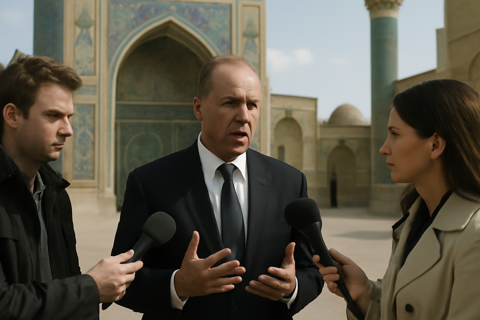 Secretary of State Marco Rubio speaking with reporters at Registan Square in Samarkand, Uzbekistan