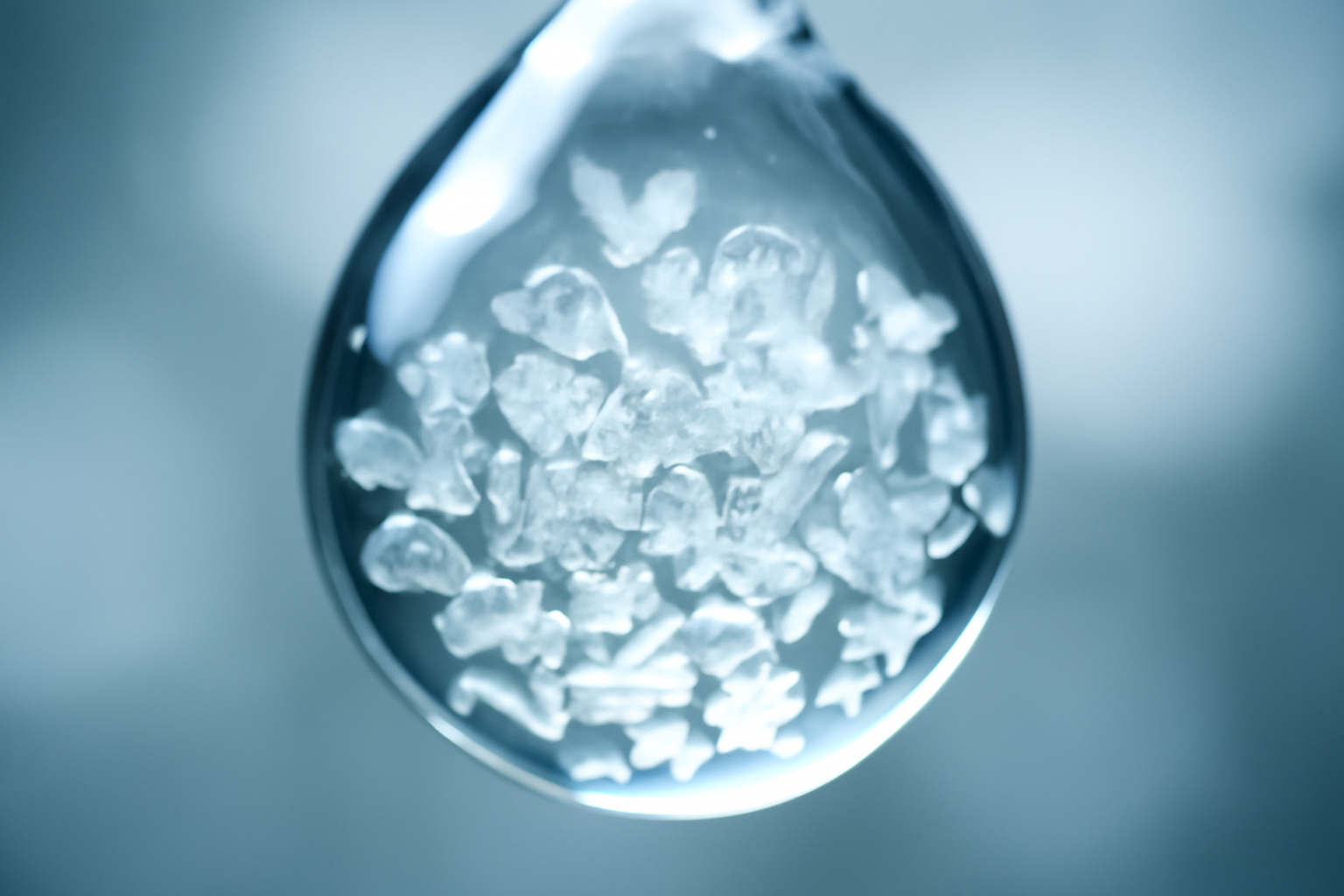 Microscopic plastic fragments suspended in a droplet of water under laboratory light