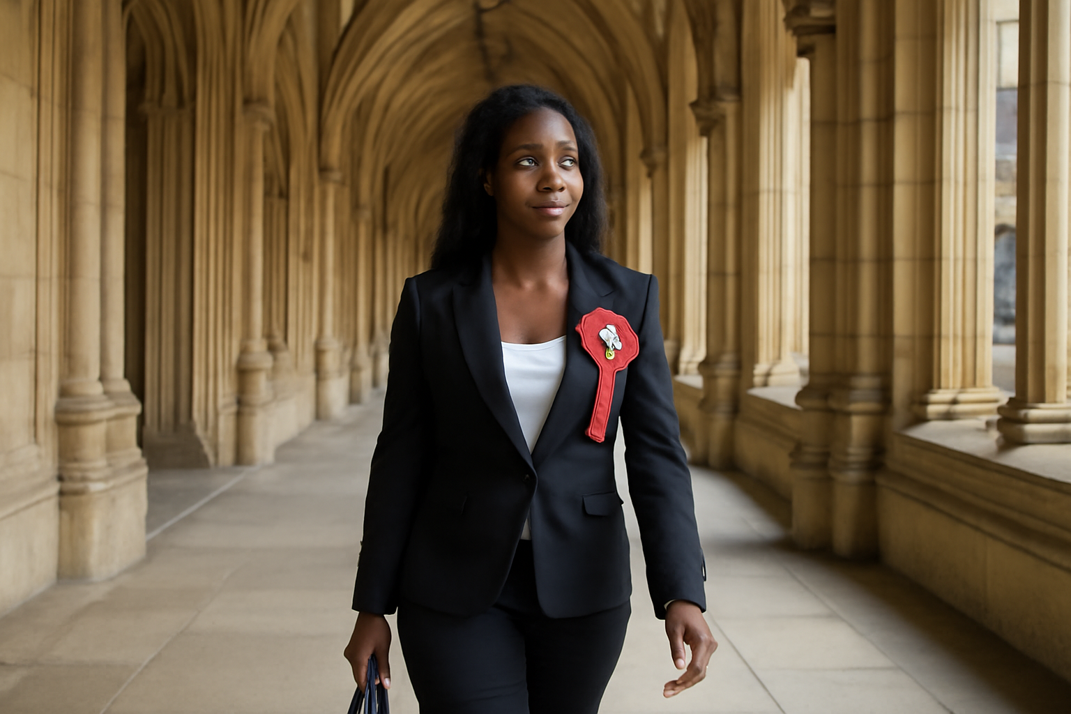 A newly sworn-in Labour MP walking through a corridor of the UK Parliament building in London after an election victory.