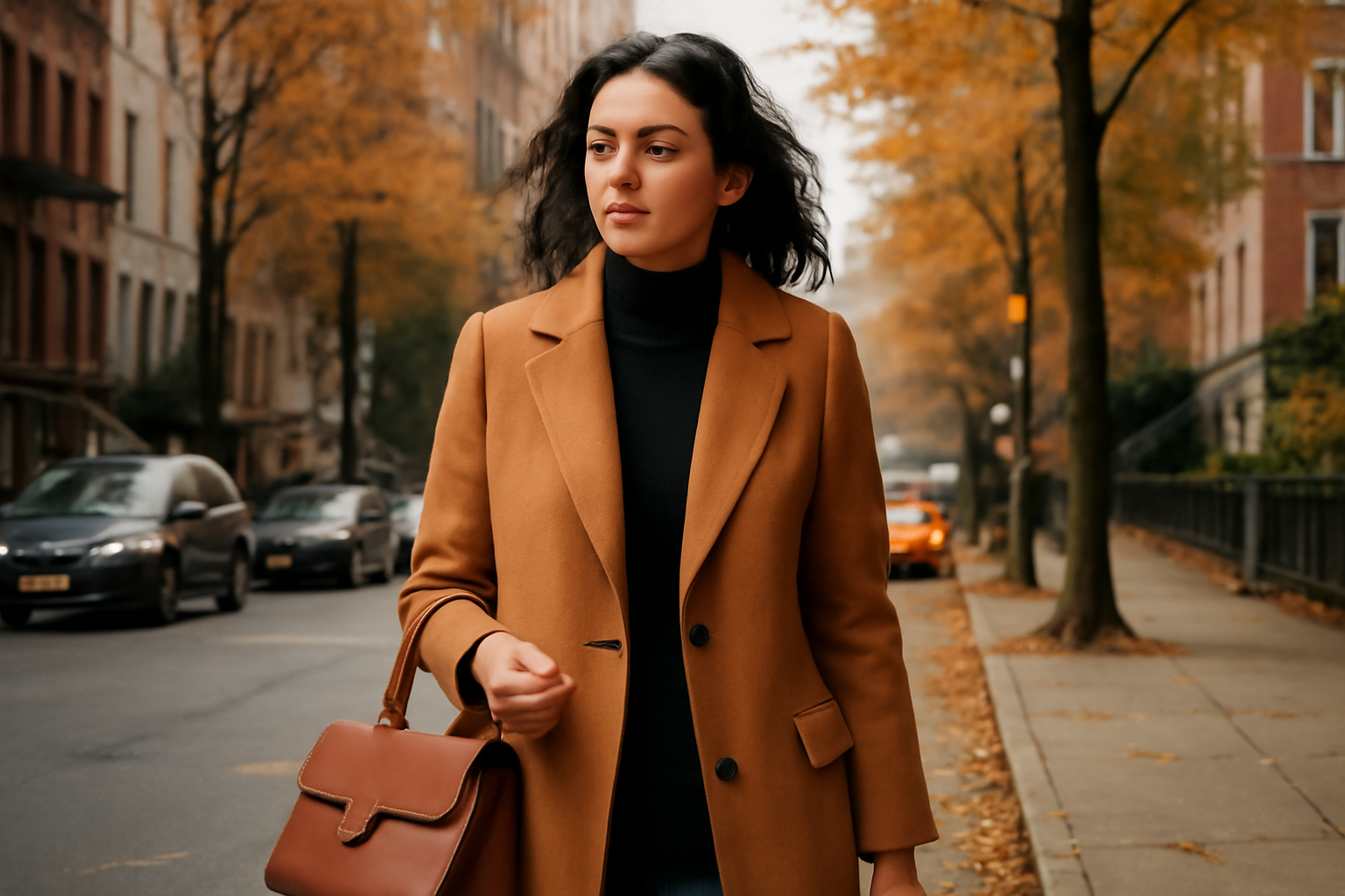 A woman in a tailored camel coat carries a structured leather handbag on a city sidewalk in autumn light