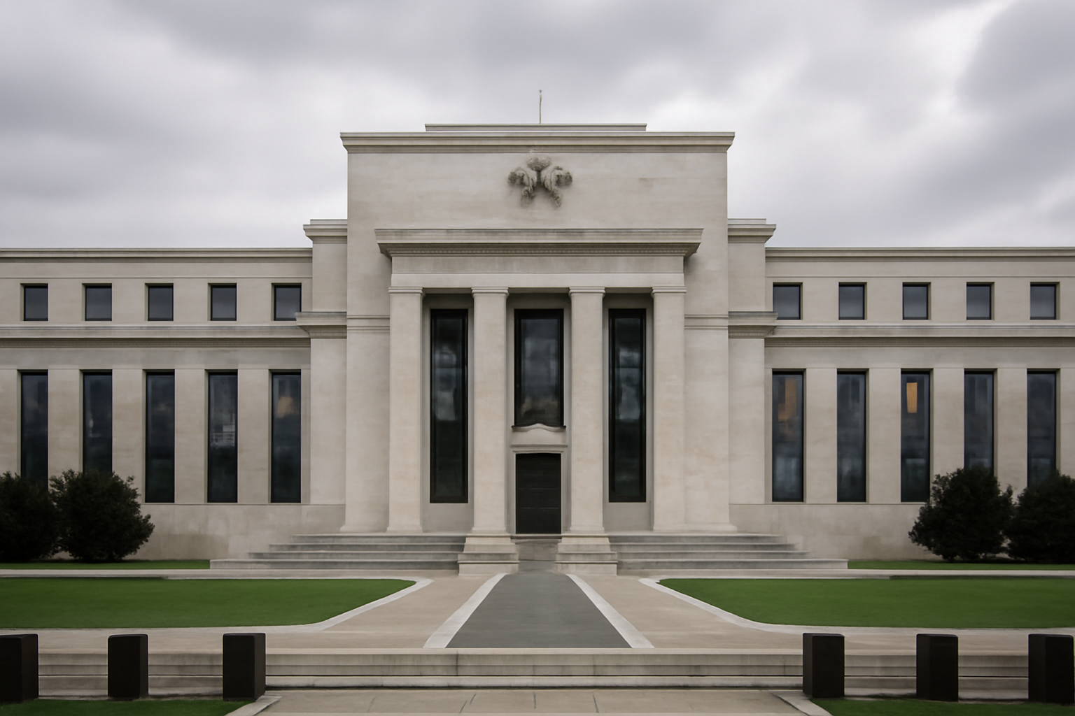 Federal Reserve building exterior with marble columns under overcast sky