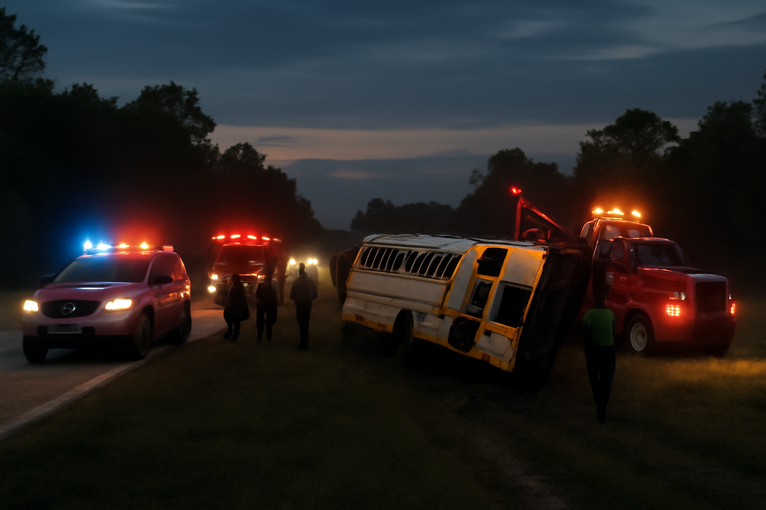 Emergency responders and a tow truck at the scene of an overturned school bus on a Florida roadway