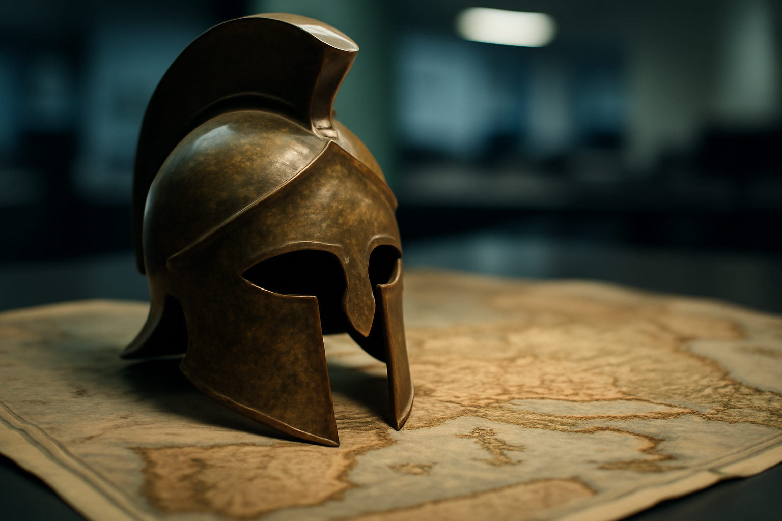 A bronze Spartan-style helmet resting atop a folded map of Europe on a wooden desk