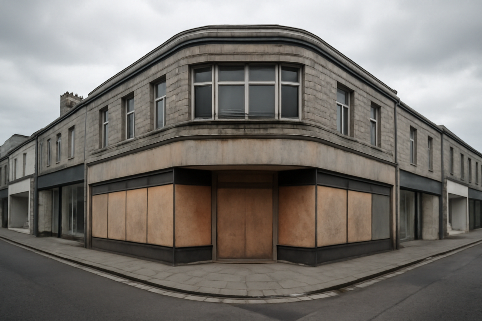 Boarded-up former department store storefront on a Scottish city high street with faded sign outline above the door