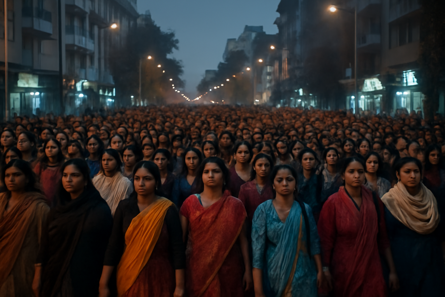 Women marching together on a Delhi street during a nighttime protest