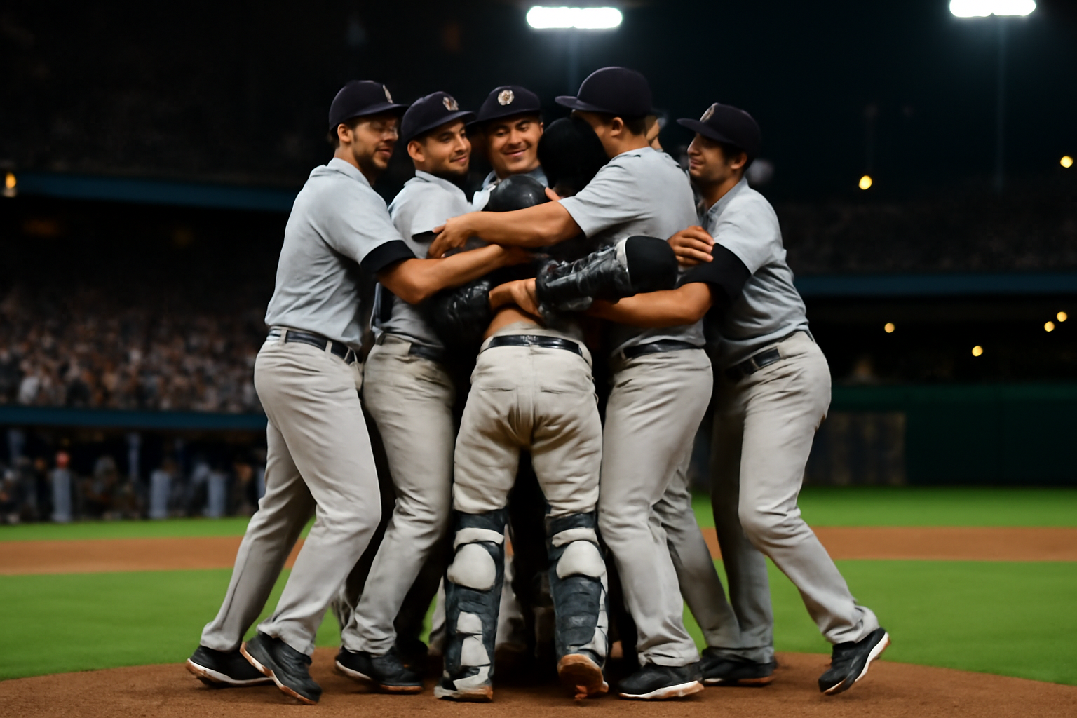 Tampa Bay Rays players celebrate on the field after an ALCS victory over the Cleveland Guardians