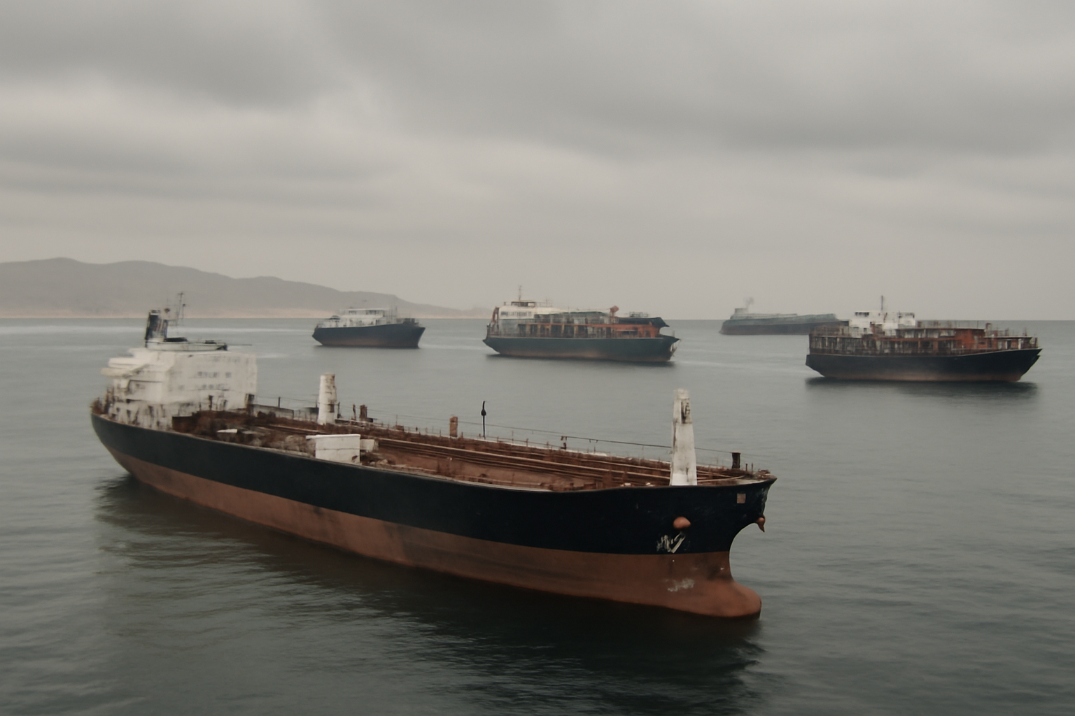 Cargo ships and oil tankers anchored offshore under overcast skies near a Middle Eastern port