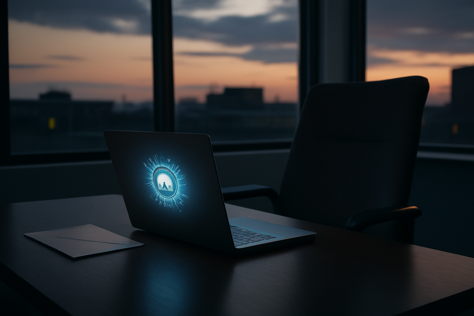 Empty office workstation with a laptop showing a paused AI interface beside a resignation letter on a desk