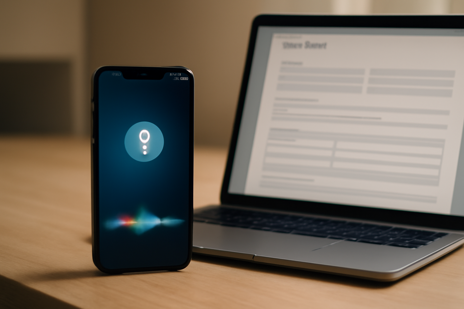 An iPhone displaying the Siri interface next to a settlement claim form on a laptop screen