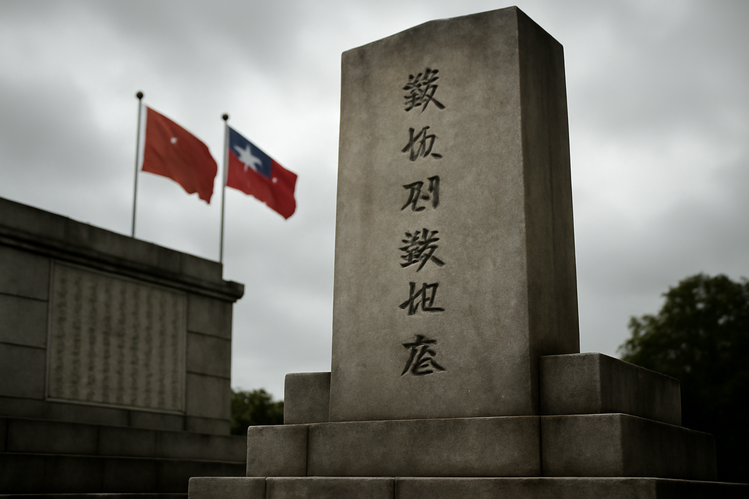 Chinese and Taiwanese flags displayed near a World War Two era memorial monument
