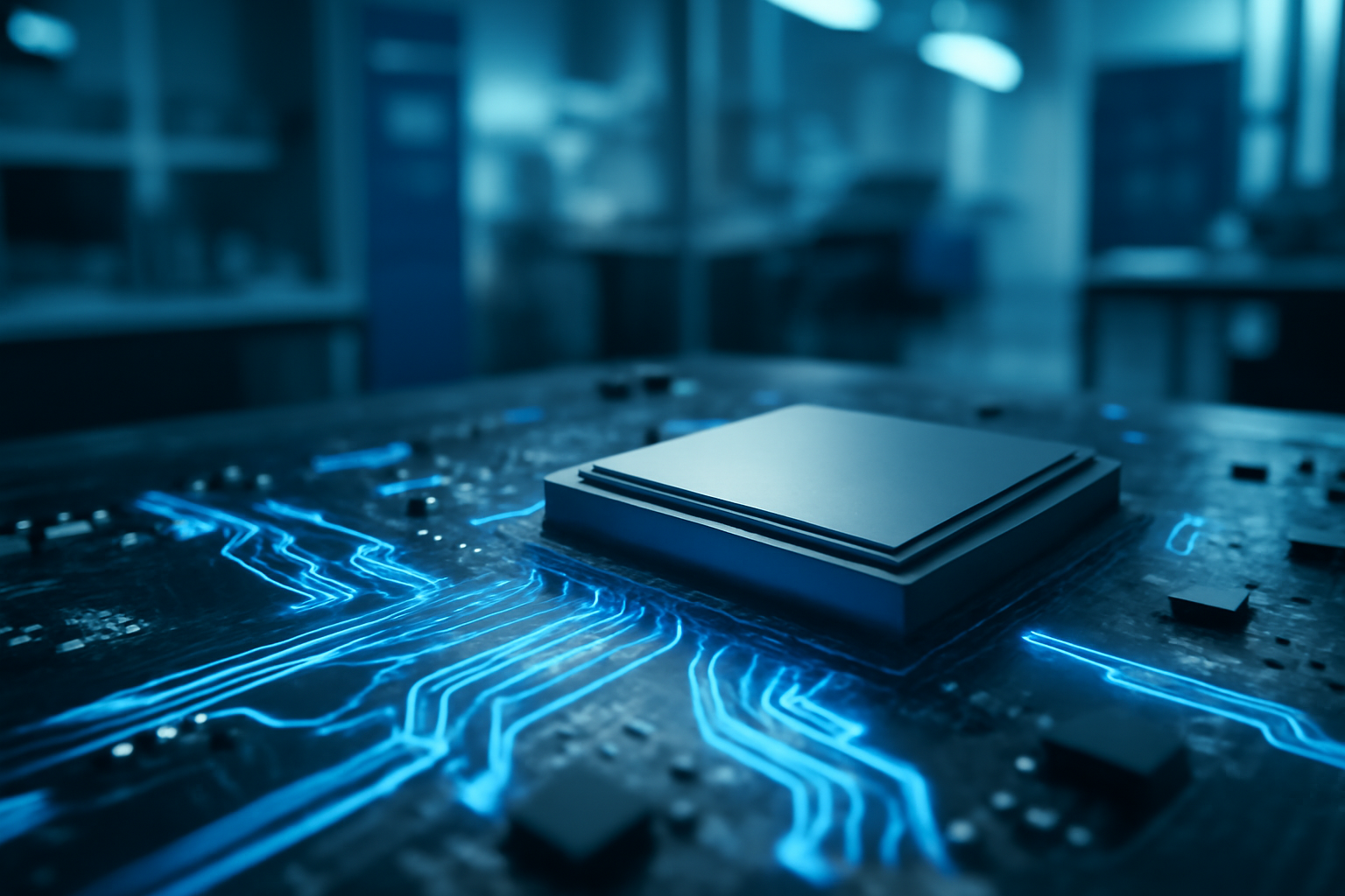 Computer chip and abstract data visualization representing AI hardware development