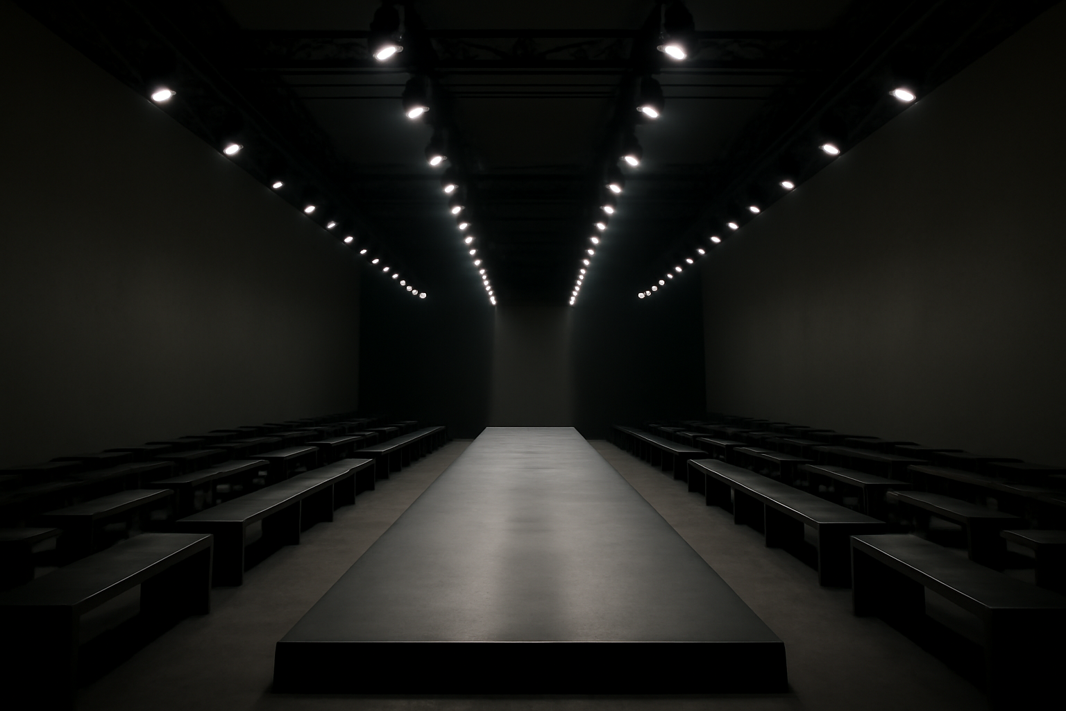 Empty front-row seats and a runway lined with spotlights before a fashion show