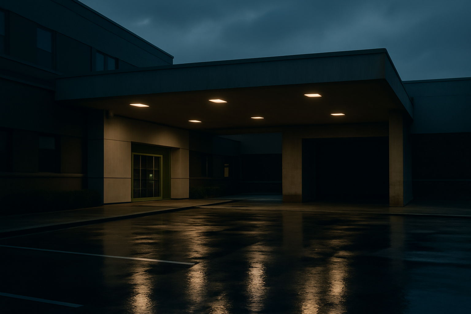 Exterior of a hospital emergency entrance at dusk with an ambulance bay