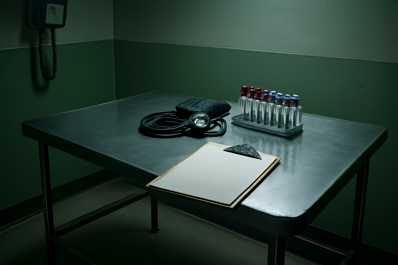 A military fitness testing room with a blood-pressure cuff and lab vials on a steel table