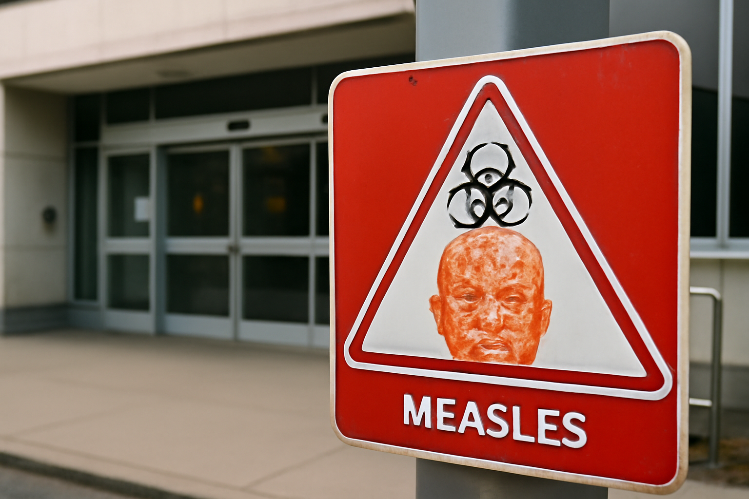 A measles alert sign outside a medical center in New York.