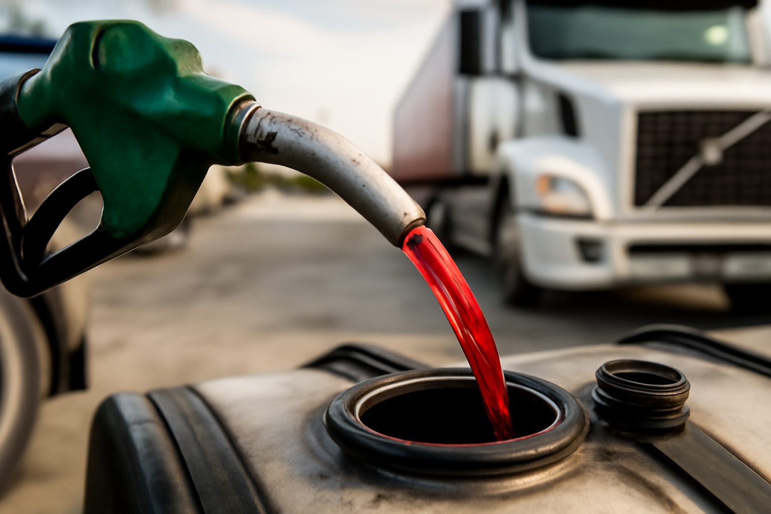 Red-tinted diesel fuel flowing from a pump nozzle into a highway truck's tank