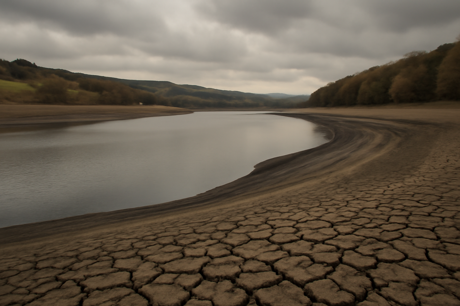 Cracked, exposed mud flats line the shrunken edge of an English reservoir under low water levels