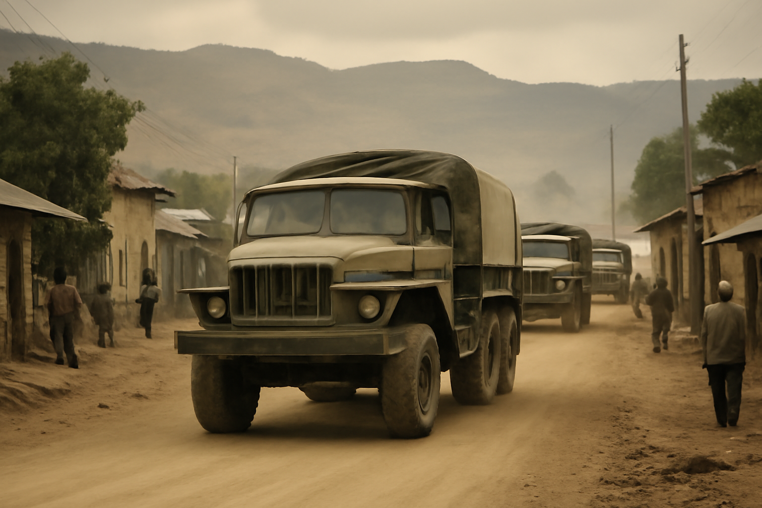 Military trucks moving through a dusty northern Ethiopian town road near the Eritrean border