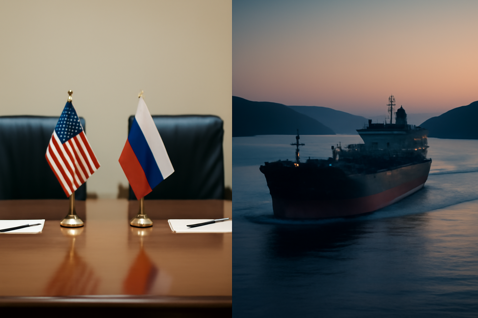 Split screen of a diplomatic negotiating table and a cargo ship passing through a narrow strait