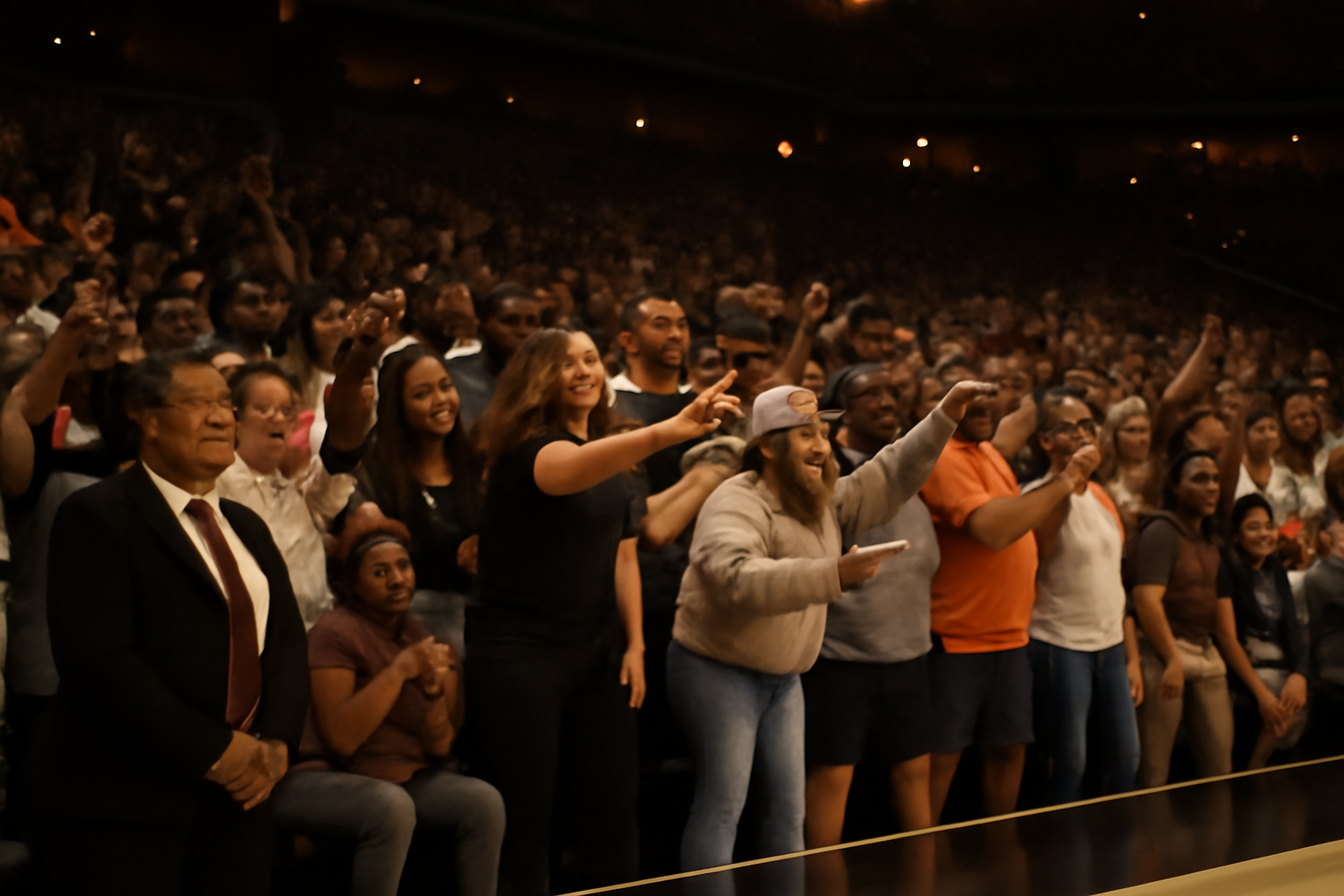 Basketball arena crowd leaning over the baseline railing during a WNBA playoff game