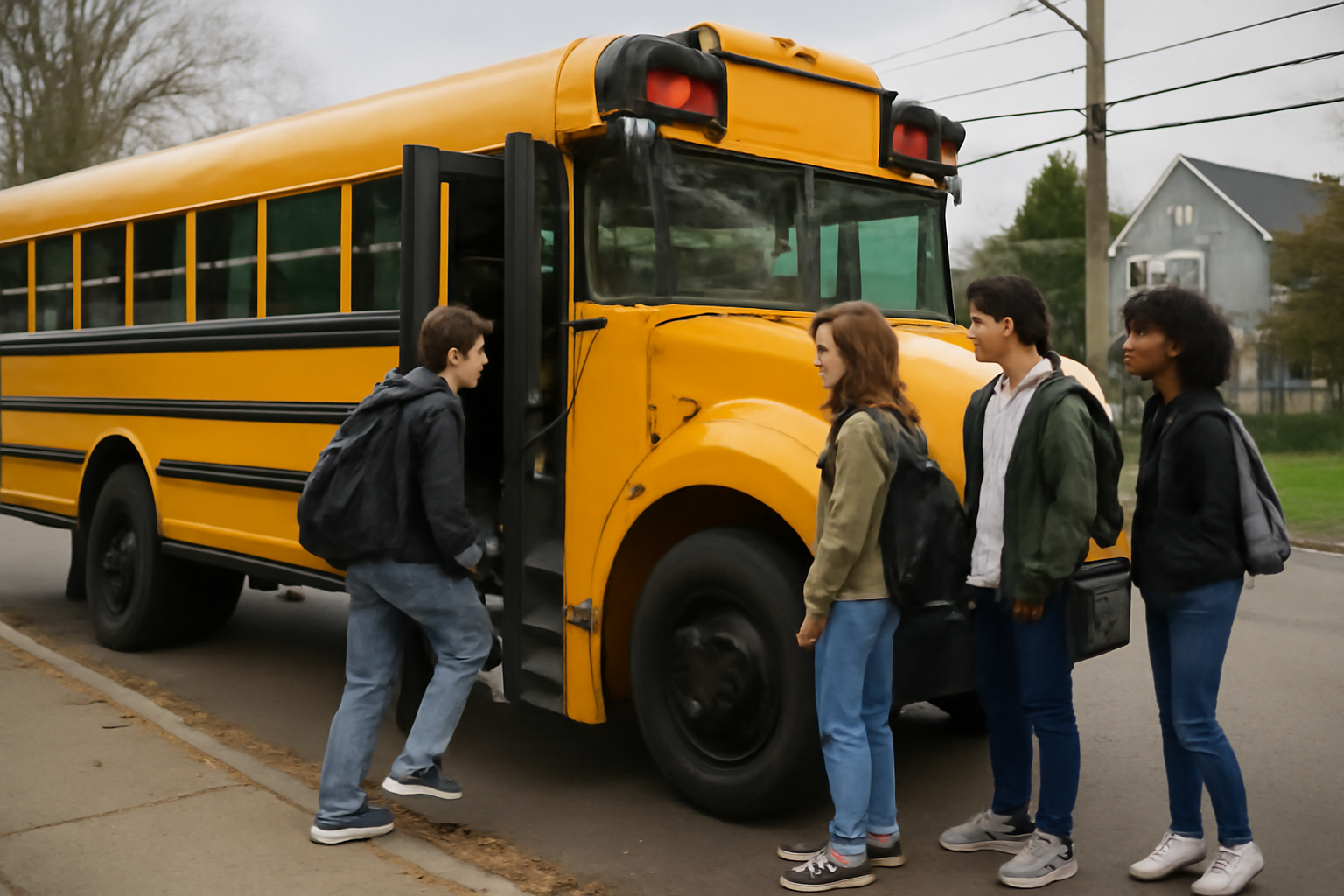 Yellow school bus parked on a Pennsylvania road with students near the front door