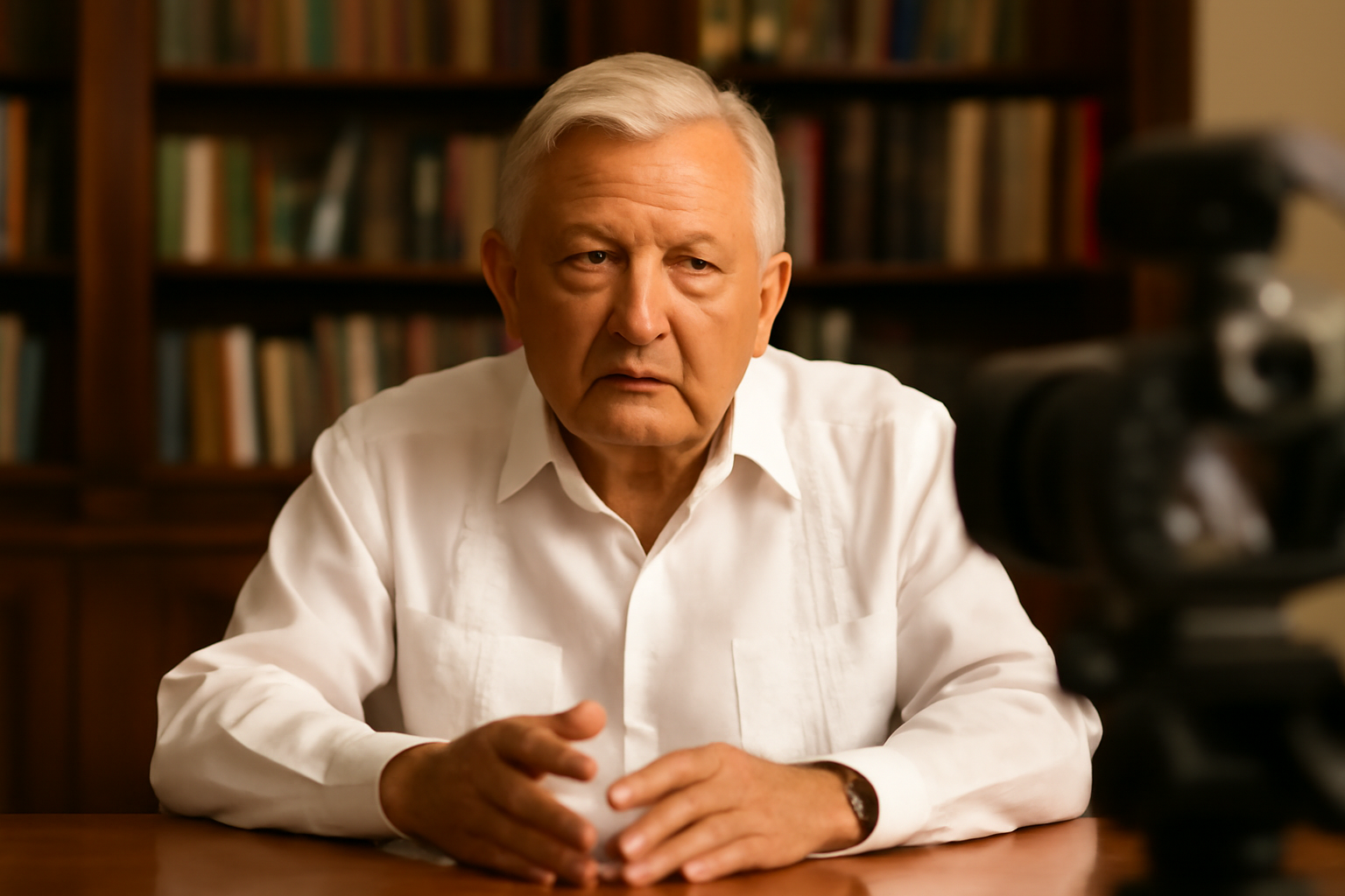 A gray-haired man in a white guayabera shirt speaking directly into a video camera at a wooden desk