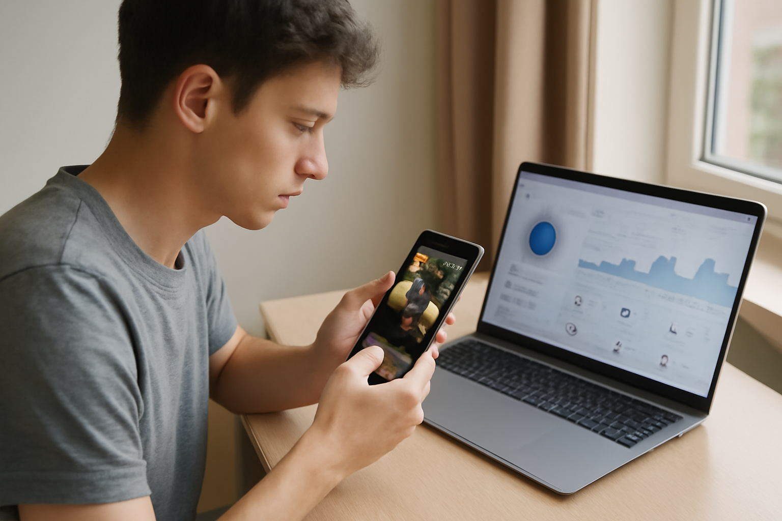 A young man edits a vertical video clip on a smartphone at a desk with a laptop showing social media analytics
