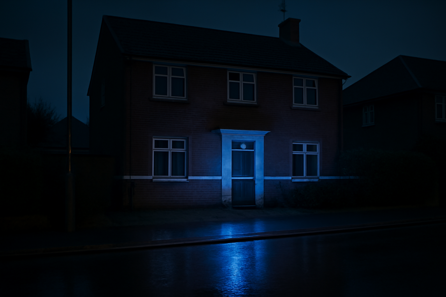 Police evidence tape outside a suburban UK home at night after a reported robbery