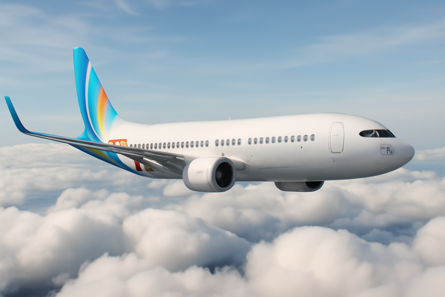 A FlyDubai commercial jet cruising above clouds during a daytime international flight