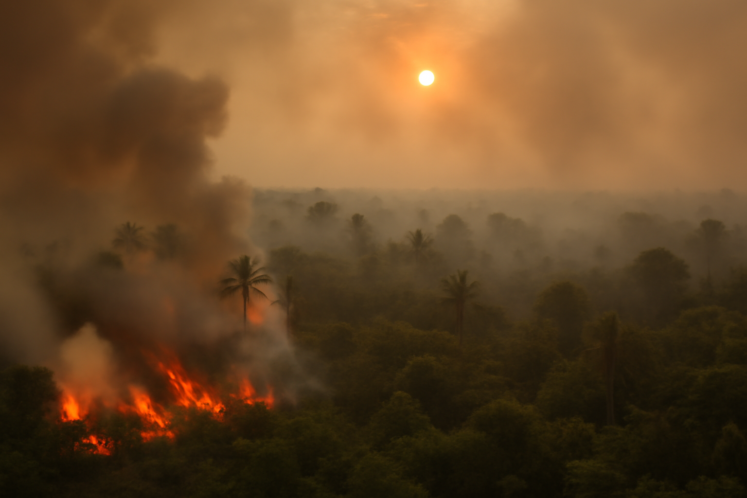 Thick orange smoke haze rising from burning peatland forest in Central Kalimantan, Indonesia